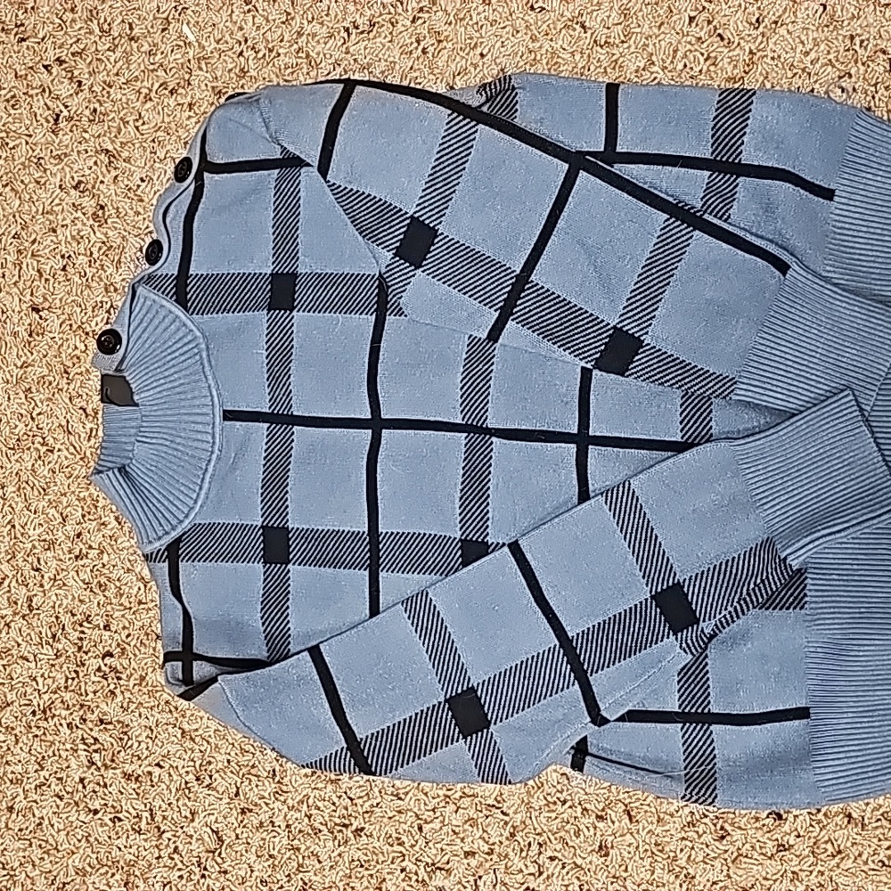 Blue and black plaid print sweater